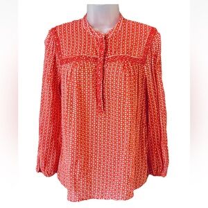 Lucky Brand Women's Orange Small Print Beaded Semi Sheer Bohemian Top Size M